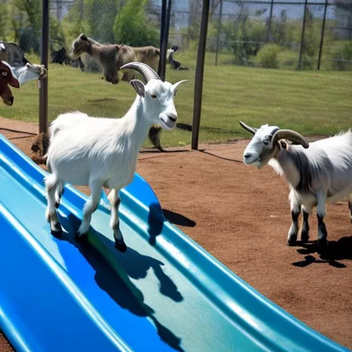 Prompt: goats playing on a slide