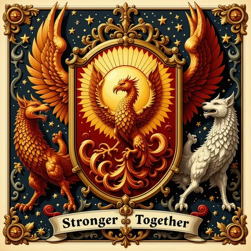 Prompt: family crest shield, (Filipino sun) shape, (rising Phoenix) centered, top banner (accurately spelled text "Stronger Together"), bottom banner (accurately spelled text "Alcober"), details of norse dragon & wolf intertwined, intricate designs, vibrant colors, warm tones of gold and reds, majestic symbolism, representing rebirth, historical elements, ornate craftsmanship, strong and proud vibes, highly detailed, HD quality.