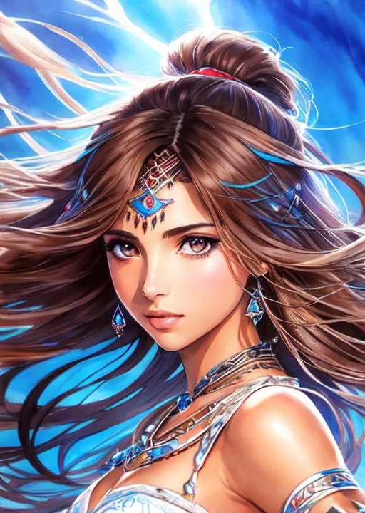 Prompt: a Shining Force watercolor concept art with Naomi Scott, brown hair, jumping in tribal cueitl, parted bangs, brown eyes, ethereal, jewelry set balayage wild hair, royal vibe, highly detailed, digital painting, Trending on artstation , HD quality, tan skin, Big Eyes,artgerm,by yoshitaka amano