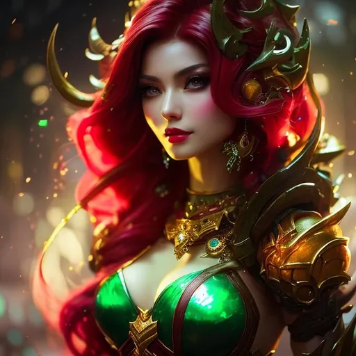 Prompt: upper torso portrait of league of legend's Zyra as red and green enchantress,  soft lighting, perfect composition, cinematic, video game trailer, dramatic, detailed painting, 8k, octane render, by makoto shinkai, stanley artgerm lau, wlop, rossdraws, concept art, digital painting, looking into camera,