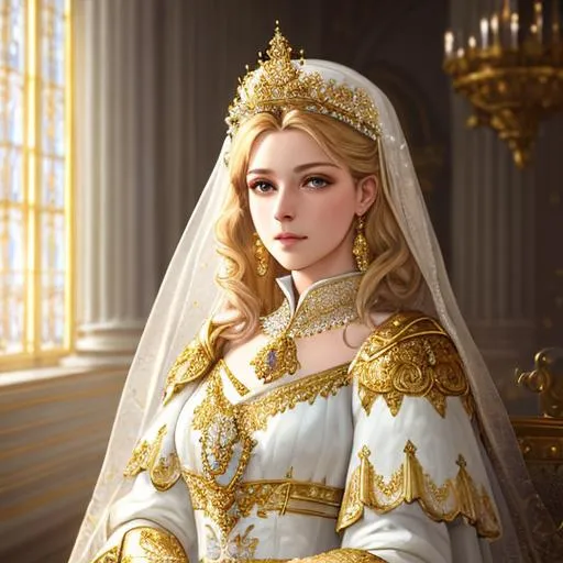 Prompt: beautiful photograph of most beautiful fictional, Queen, goodnes, heavenly, royal, White and golden, extremely, detailed environment, detailed blur background, intricate, detailed skin, natural colors , High-resolution, professionally color graded, photorealism, 8k, moody lighting.