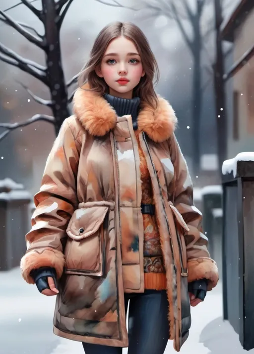 Prompt: young girl, winter outerwear,  very warm fur coat, a lot of details, high quality, standing straight, arms to the sides, paper doll, watercolor,