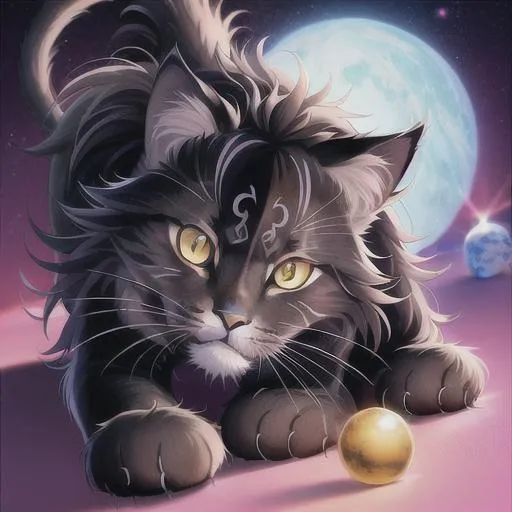 Prompt: cat playing with planets, black fur, digital art, best quality, intricate design, detailed fur, detailed eyes, low glow, feline body, lions mane,