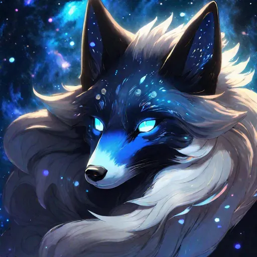 Prompt: portrait of A translucent kyūbi no kitsune that is glowing, black and blue fur, nebula, glitter, in the den, beneath the stars, bioluminescent, highres, best quality, concept art