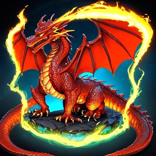 Prompt: Imagine a scorching dragon, born of magic and dreams—the warm dragon. It is a majestic, fantastical being, radiating with an ethereal presence. This magical creature embodies power and grace, with a body that is both awe-inspiring and fearsome. Its scales shimmer and glow, resembling molten lava