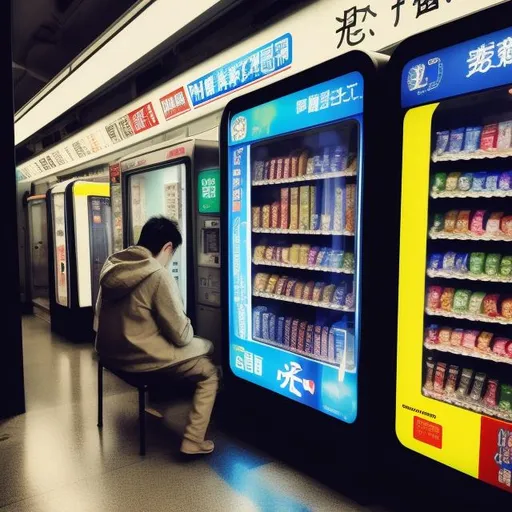 Prompt: vending machines in osaka. Outdoors. Subways and trains. raining. dusk. inspired art. Comic book style. person sitting in chair staring at choices. 