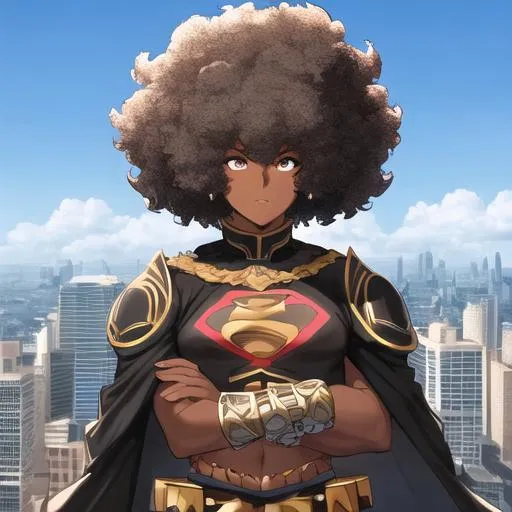 Prompt: Dark skinned, afro, Super hero style costume, on top of a skyscraper, Superman type vibe, but a different symbol