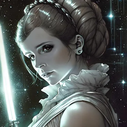 Prompt: Princess Leia covered in nightly glow with detailed silver features, beam, dark fantasy by Luis Royo, in the style of studio portrait, cyberpunk