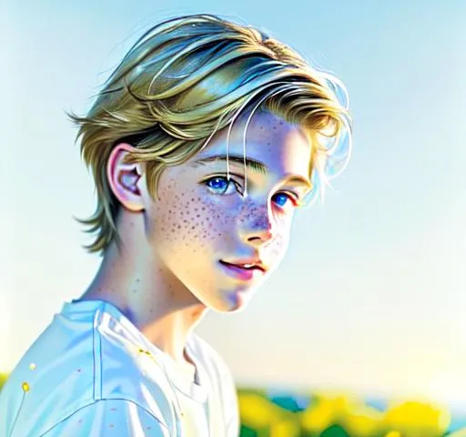 Prompt: Hyperrealistic Hyperrealism front view of face (headshot) (straight forward view) Beautiful young teen boy, (kid cole sprouse)+++ blond boy, straight hair, happy eyes, innocent, boy model, 16 years old, pretty, cute, freckles, cinematic lighting, blue sky, bright colors, blue, green, yellow, white,  luminous, hyperdetailed, great composition, professional, artstation award