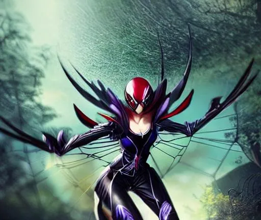 Prompt: Bird of paradise, spider web, spider woman Arachne, battle warrior, realistic face, Anime, dark, forest, soft light, moody