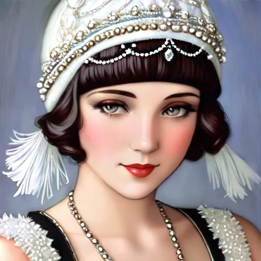 Prompt: EPIC PERSPECTIVE. Art nouveau style. Flapper Girl in full flapper style, beaded and fringed, all white, mini dress with flapper style beanie cap with white beaded fringe with lovely face. haute couture circa 1920. Digital art very intricate art nouveau 