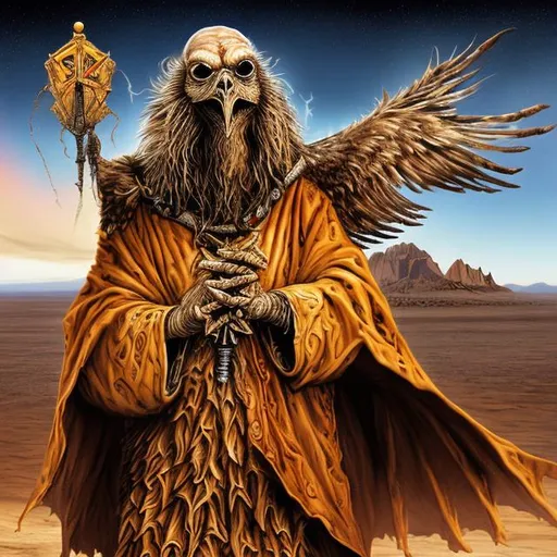 Prompt: King Wuzzard the buzzard wizard who rides through the desert on vultures wings 