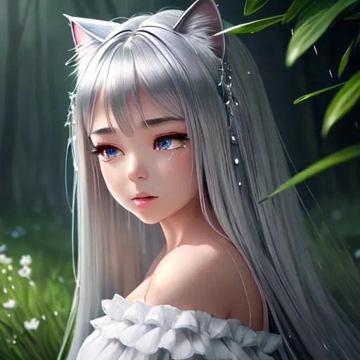 Prompt: beautiful silver hair cat girl keel on the grass, screaming, drooling, straight arms, hands on the floor, eyes close with tears, silver white off the shoulder dress, rain pour all over, in the fairy forest, dark, watery, looking from above, hyper detailed, hyper realistic, cinematic light, realistic art, digital painting