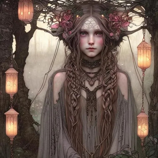 Prompt: Portrait Druid witch girl with rose gold pinkish hair and pretty detailed face in a dark and mysterious tree with Hanging lanterns by John Bauer and John William Waterhouse high contrast colorful storybook illustrations braids in hair moon