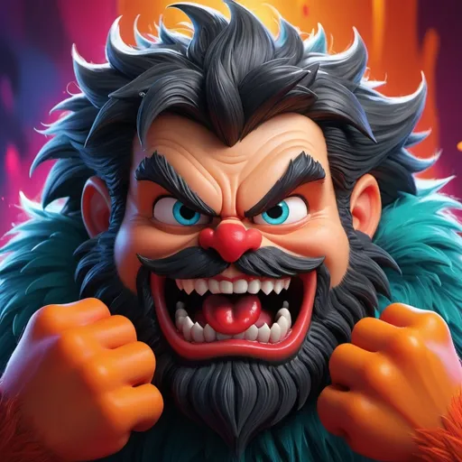 Prompt: Hairy Knuckle Harry, (fierce expression), monster, bloody, scarred, evil, razor sharp teeth and claws, demonic eyes, (scary vibe), cartoonish style, exaggerated features, colorful backdrop, bold colors, dynamic composition, playful yet menacing aura, (4K), ultra-detailed, captures the essence of a whimsical fright, inviting curiosity and humor, vibrant and engaging atmosphere.