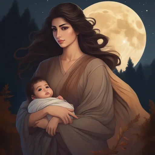 Prompt: highest quality anime art masterpiece, digital drawing, Azerbaijani woman with long black thick wavy messy hair:vistani, carrying a bald newborn baby boy in her arms, round face, broad cheeks, sad in a forest on a dark foggy night, big brown eyes, tanned skin:2, waxing moon, huge long wide broad hooked greek aquiline algerian oriental arabic nose, flat chest, ethereal, jewelry set, highres, realistic, highly detailed, fantasy, gypsy, roma, D&D, Ravenloft, by Ilya Kuvshinov