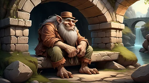 Prompt: Fantasy illustration of a big old troll sitting on a stone under a stone bridge arch relaxing, brown skinned and with a long beard, wearing felt coat shabby old leatherhat, cartoon style, pastel color scheme, fantasy setting, soft and warm lighting, whimsical atmosphere, intricate details, cozy and lively background, high resolution, ultra-detailed, HD rendering