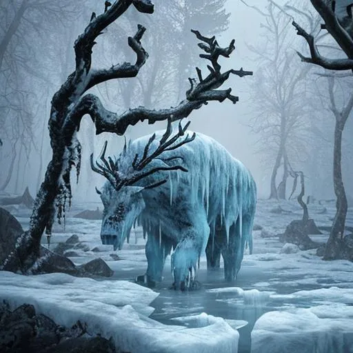 Prompt: Demonic force, ice, rain, iceberg, icy tundra, bleeding, blood, animalistic, demonic, draconic, forest, trees, birch