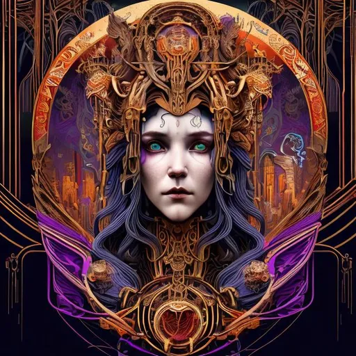 Prompt:  art Nouveau + cyberpunk style photo picture with gorges goddess of life and death head that has golden black orange and purple crest on forehead and colorful Calibri birds in back ground, cinematic, ultra realistic, super detailed, digital art