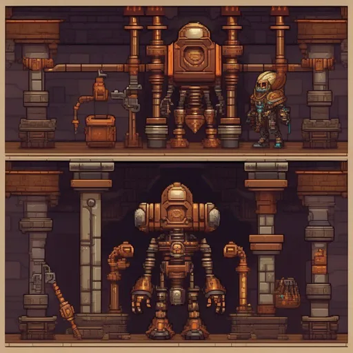 Prompt: Metroidvania game UI, steamworld dig game, steampunk knight with a large gear handle warhammer fighting Lovecraftian undead robot, set inside of old monastery of horror, pixel Art --ar 9:16