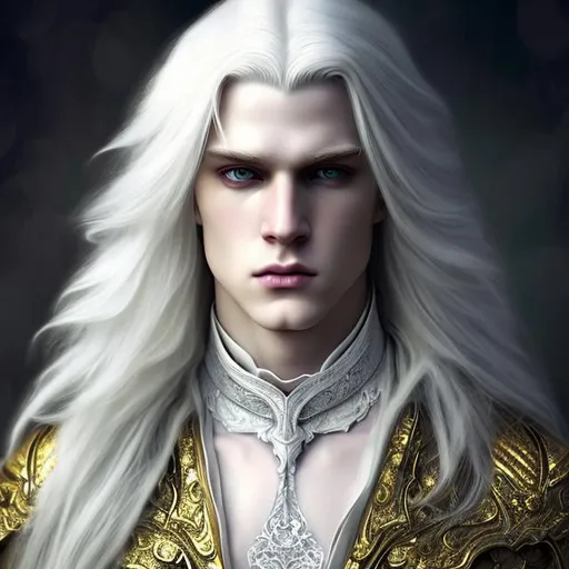 Prompt:  8K, HD, 3D, portrait of beautiful albino male, photorealistic, noble handsome male, dynamic,pale beautiful face, grey stunning eyes, extra long white straight hair, elegant green wizard clothes, intricate, detailed, charming male, light contrast, noble, perfect anatomy, gothic dark room ambient, perfect male beauty, golden ratio