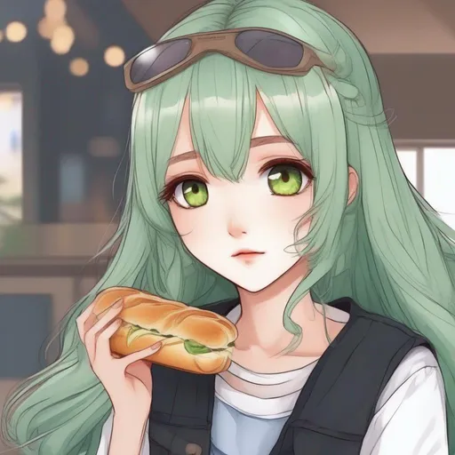 Prompt:   anime girl manhwa style cute and pretty, with eye pretty detailed, bread , with green hair, 