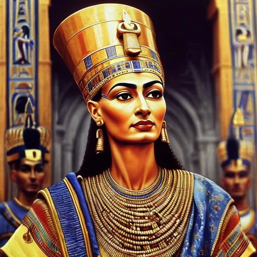 Prompt: In vivid colours .Standing atop a grand podium in the heart of Thebes, Queen Nefertiti addressed the people of Egypt, protected by her trusted army commanders, who stood tall and vigilant around her.

With unwavering confidence and grace, Nefertiti's voice carried through the crowd, her words reaching the farthest corners of the bustling city. The people, eager to hear their beloved queen's words, fell silent, their eyes fixed upon her radiant presence.

She spoke of unity and prosperity, emphasizing the importance of peace and cooperation among the diverse regions of Egypt. Her speech exuded a sense of pride in her people's achievements and an unyielding determination to overcome any challenges they might face.

Nefertiti praised the bravery and dedication of her army commanders, acknowledging their sacrifices in protecting the nation from external threats. She assured the people that the realm was secure and that their safety was of the utmost importance to her and her loyal generals.

In her speech, she outlined plans for further growth and development, promising to improve the lives of all Egyptians, from the farmers in the fertile Nile delta to the craftsmen in the bustling markets.

The queen's eloquence and benevolence stirred the hearts of the people, filling them with a sense of hope and admiration for their ruler. As she concluded her address, cheers and applause echoed through the city, a testament to the love and respect the people held for their Queen Nefertiti.

With the unwavering support of her army commanders and the united spirit of her people, Queen Nefertiti knew that together, they would build a prosperous and enduring legacy that would shine brightly in the annals of Egypt's history.




