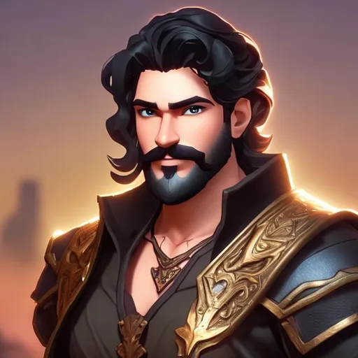 Prompt: fantasy character art,40-year-old male,dark-skinned,hair is short on sides and longer on top,wavy black hair,neatly-trimmed beard,necromancer,black-armor