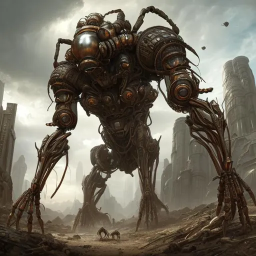 Prompt: fantasy art style, dystopian, biological mechanical, ants, fire ants, giant ants, bullet ants, aliens, outer space