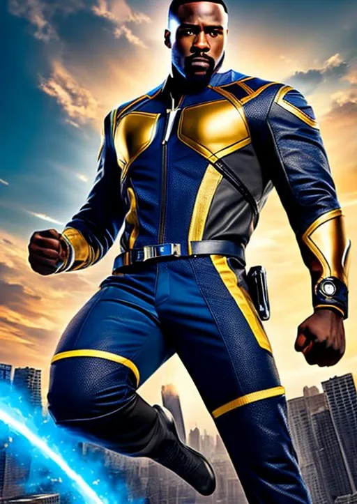 Prompt: High-resolution hyperrealistic photo of avenger {{falcon} sam wilson} merged with [power-man] {luke cage}, blue-grey and gold flight suit, uhd, hdr, 64k