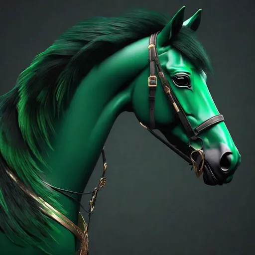 Prompt: horse animatronic hybrid, with focused emerald eyes. They identify as a Male. Emerald colored feathery tail. dark Green ombre mane and tail. UHD, HD, 4K, green haze, anime style, green and black coat