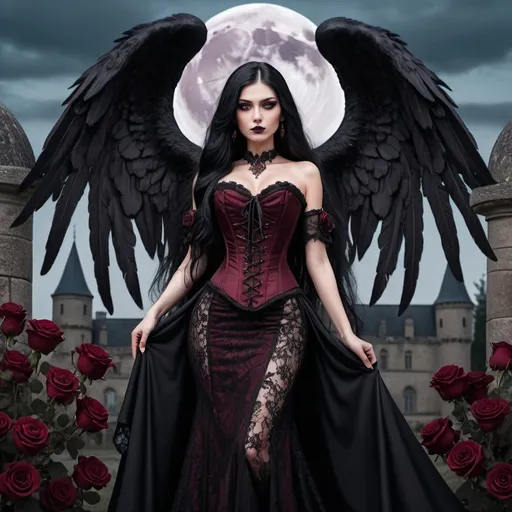 Prompt: A tall dark angel woman, with long black hair, brown eyes, black long wings, dressed with a black & bordeaux laces corset. She is adorned in an elegant black long gown with intricate lace details and stunning bordeaux roses. The background is a landscape with a goth castle, with big wolves, fullmoon, and black skulls on the ground. Ai real photo, 4k, poster.