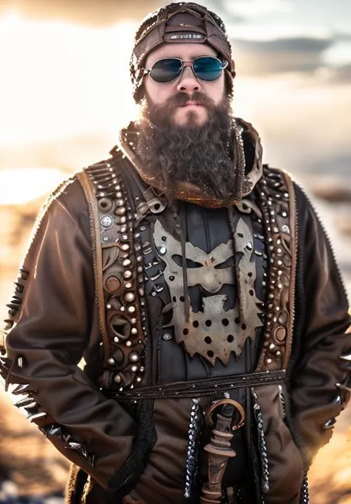 Prompt: Rusty, dirty, wet, metal Viking robot with black sunglasses and metal spikes in mouth and dreadlock beard. 
Northen, heavy snow, night sky, lensflare, gothic, dark clouds, scandinavian
Bombed ruins in background.