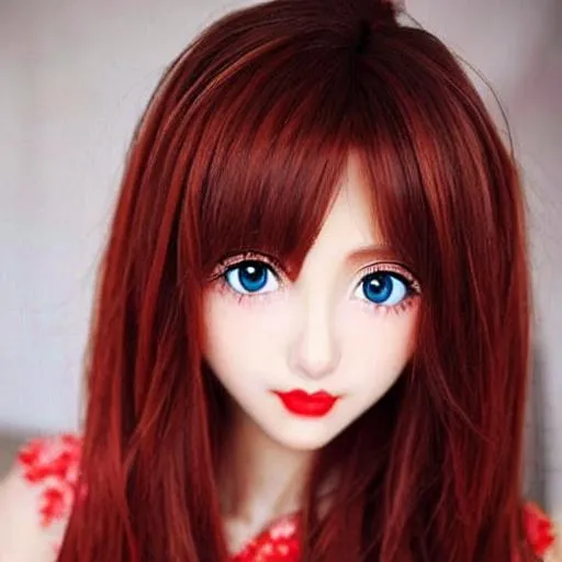 Prompt: anime girl with a red dress,Blue eyes, brown hair long, big but ,hot face with red lipstick. 