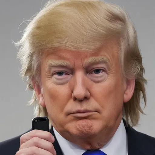Prompt: Donald trump using his hair to pick up his iPhone 15 pro max and hold it close to his face as he swipes with his index finger.