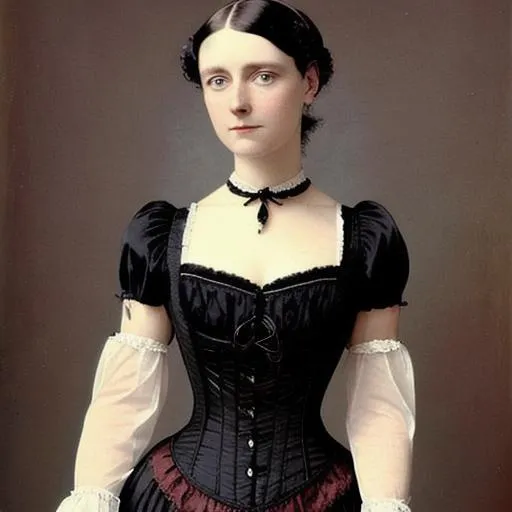 Prompt: A beautiful Victorian woman with dark hair and blue eyes, wearing a black corset and a garnet choker
