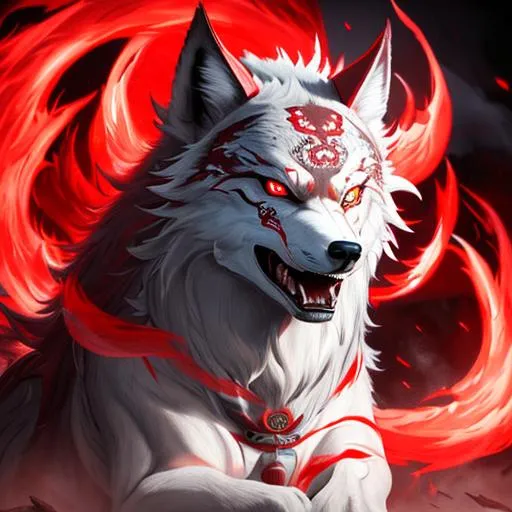 Prompt: Fully detailed, growling okami wolf, evil, beautiful, attractive, red glowing eyes, red paint, smoke in the back ground, background dark forest, side, 8k, masterwork, trending on art station, hyper realistic, cinematic lighting, photography, national geographic, fantasy style