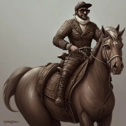 Prompt: Detailed concept art for a horselike man with shades in the style of Alejandro Bursido