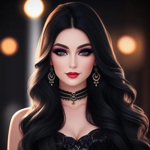 Prompt: Lady with  full, long black,wavy hair, pretty and stylish makeup