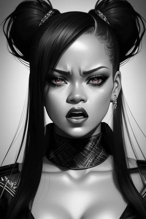 Prompt: Octane render, uhd, 16k, digital art, best artstation artists, sharpen contour, chromatic aberration, low contrast, contour line, symmetrical, portrait photo, angry screaming (((rihanna))),  demonic screaming, portrait photo, soft diffused ring light, ((((rihanna)))), hair gathered into a ponytails, gloomy expression, angry expression, ominous expression,
suck extremely long tongue, 
(((frowning eyebrows))), (((screaming mouth))), (((long tongue))),(((showing tongue))),{looking straight}, kali expression, ((ghoul)), ((vampire)), ((werewolf)),((demoness)), gloomy, hd 8k, ultra-detailed::1 , ((style expressive)), Scattered light, soft lighting, particles, tilt shift, (((by Sam Yang, samdoesarts, atey ghailan))) 