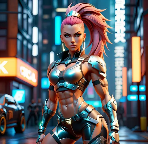 Prompt: 4k UHD anime illustration of a powerful Goddess, unreal engine 5, hip hop punk style, perfect autonomy body shape, muscular yet slim, detailed muscular structure, intense and authoritative gaze, futuristic Nordic setting, cool and edgy atmosphere, detailed armor with cybernetic enhancements, glowing holographic elements, highres, ultra-detailed, anime, hip hop punk, futuristic, detailed muscles, urban setting,Victorian Nordic, powerful stance, professional, dynamic lighting