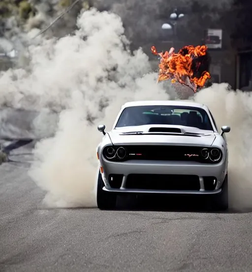 Prompt: dodge demon drifting with smoke behind car