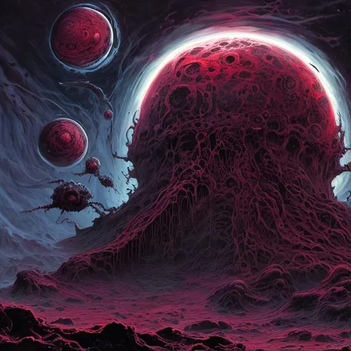 Prompt: a lump of red and black cosmic rot. hyperdetailed. cosmic horror. concept art. 