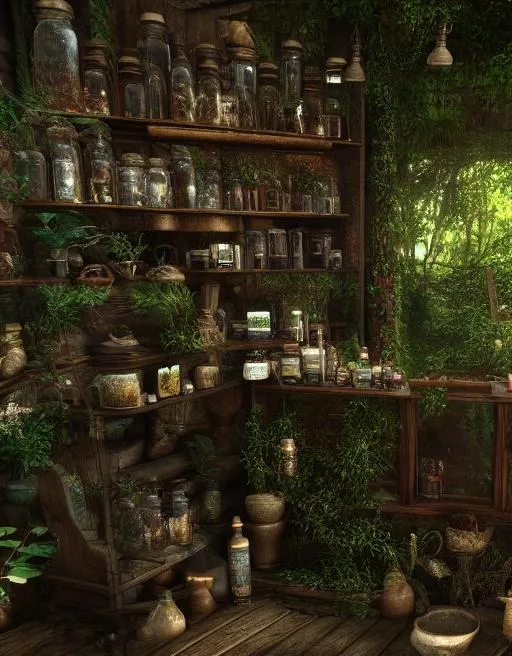 Prompt: Ancient Herbal shop in a lush forest, dark, alchemy, glass bottles, highly detailed, 4k realistic, cryengine
