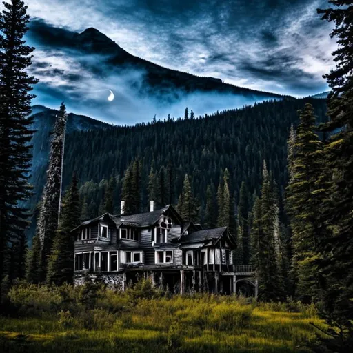 Prompt: abounded house, night ,  moon, mountain , dark forest , torch, fire 