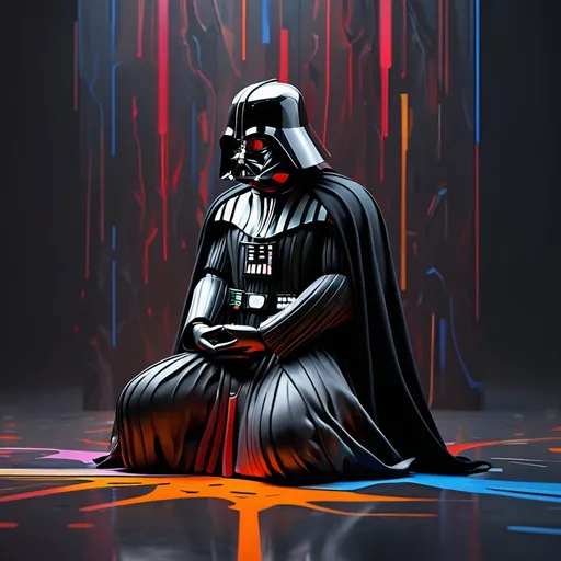 Prompt: Abstract Expressionism scheme, 4k, Darth Vader kneeling in meditation before battle