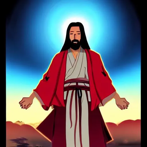 Prompt: Anime Samurai Jesus Christ as depicted in the book of  revaltion coming out of heaven gathering his chosen to ride against the enemy Satan 