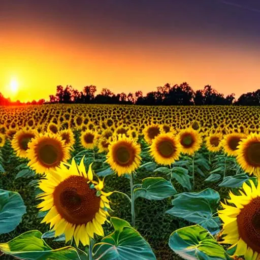 Prompt: Capture the beauty of a sunflower field during golden hour. Set up your camera to showcase the rows of tall sunflowers with the sun setting behind them, casting a warm and magical glow on the scene. Play with the aperture to create a shallow depth of field, blurring the foreground and background and emphasizing the sunflowers in the middle.