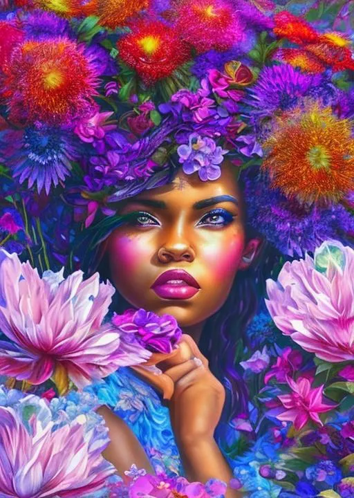 Prompt: Digital art, fantasy art, epic perspective, very colorful, magical flower garden art rendition of a remarkably beautiful African American flower fairy with very beautiful, semi-transparent, gossamer, pastel colored wings seated in a garden of flowers and trees, Hyper detailed, magical lighting with lens flares in the style of Penelope Luc hyper detailed digital art