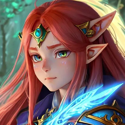 Prompt: female astral elf oath of wile Paladin character concept art and illustration by akihiko yoshida, style of pixar, amazing detailed face closeup, Long plaited red hair, big beautiful eyes swirl with iridescent colors, wearing traveler's clothes, action, madhouse and kyoani character face, cute, pretty girl, portrait, pixiv, artstation, spectacular details, Volumetric Lighting, Dramatic lighting